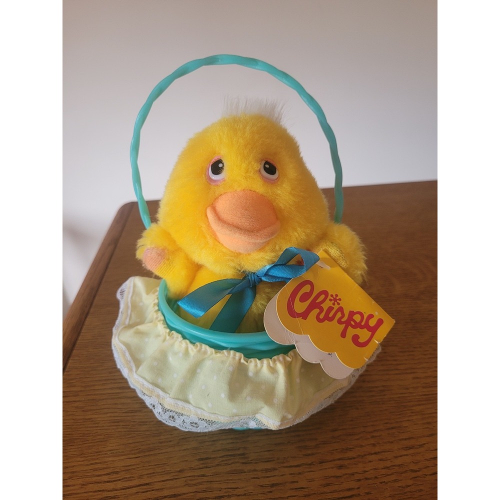 RARE Vintage 1983 Dakin Fun Farm Easter Basket Chirpy Duck Plush Blue Ribbon NWT